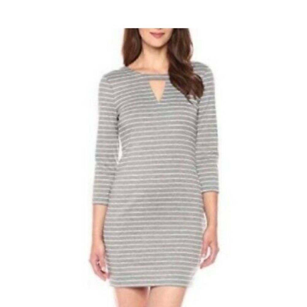 Jack by BB Dakota Grey Striped 3/4 Sleeve V-neck V-back Bodycon Mini Size Large